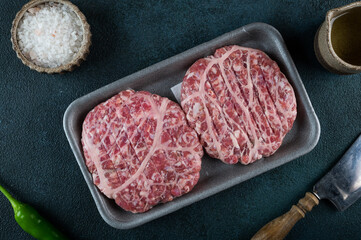 Raw minced meat and ingredients for home made grill burgers. Semifinished food. American cuisine. Raw burger