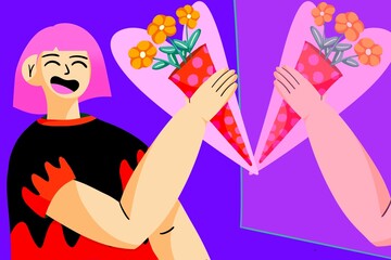 Woman with short pink hair giving herself flowers in front of a mirror while laughing with happiness