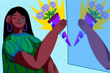 Long-haired brunette woman crying while giving herself a bouquet of flowers in front of a mirror