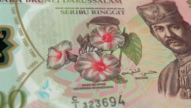 Brunei Brunei Dollar 1000 Banknotes, Thousand Brunei Dollar, Close-up and macro view of the Brunei Dollar, Tracking and Dolly Shots 1000 Brunei Dollar banknote Observe and Reserve Side, Brunei Dollar