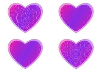 Set of heart shaped valentine's cards. 2 with pattern, 2 with copy space. Neon gradient proton purple to plastic pink, glowing pattern on it. Cloth texture. Heart size 8x7 inch / 21x18 cm (p08-1bc)