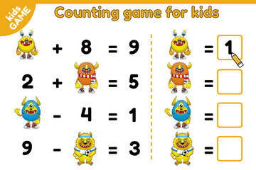 Math game for children. Addition and subtraction. Educational activity for preschool and school children. Cartoon monsters. Vector illustration.