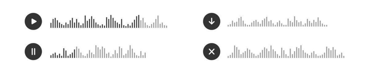 Audio chat or mobile messenger elements with play, pause, download buttons and speech waves isolated on white background. Sound file icons. Voicemail pictograms. Vector graphic illustration