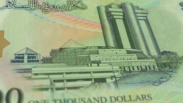 Brunei Brunei Dollar 1000 Banknotes, Thousand Brunei Dollar, Close-up and macro view of the Brunei Dollar, Tracking and Dolly Shots 1000 Brunei Dollar banknote Observe and Reserve Side, Brunei Dollar