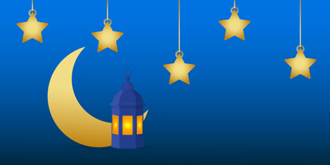 Ramadan poster template. Gold stars, the moon and a lantern on a dark blue background. vector