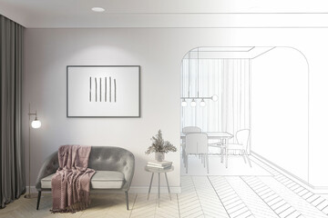 A sketch becomes a room with an illuminated horizontal poster, a floor lamp near gray curtains, a vase of flowers on the coffee table near a sofa with plaid, and an arch to the dining room. 3d render