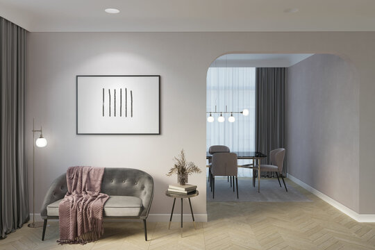 Elegant room with an illuminated horizontal poster, a floor lamp near gray curtains, a vase of flowers on the coffee table near a gray sofa with a pink plaid, and an arch to the dining room. 3d render