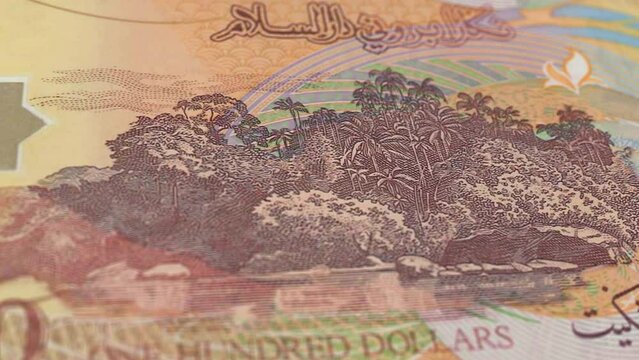 Brunei Brunei Dollar 100 Banknotes, One Hundred Brunei Dollar, Close-up and macro view of the Brunei Dollar, Tracking and Dolly Shots 100 Brunei Dollar banknote Observe and Reserve Side, Brunei Dollar