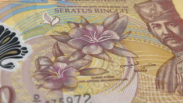 Brunei Brunei Dollar 100 Banknotes, One Hundred Brunei Dollar, Close-up and macro view of the Brunei Dollar, Tracking and Dolly Shots 100 Brunei Dollar banknote Observe and Reserve Side, Brunei Dollar