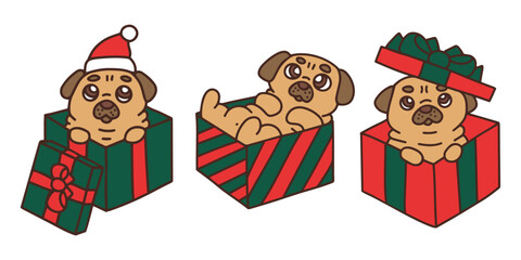 Drawing of cute puppies in gift boxes. Christmas holiday illustration.