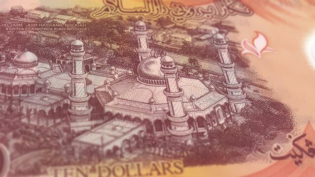 Brunei Brunei Dollar 10 Banknotes, Ten Brunei Dollar, Close-up and macro view of the Brunei Dollar, Tracking and Dolly Shots 10 Brunei Dollar banknote Observe and Reserve Side, Brunei Dollar Money