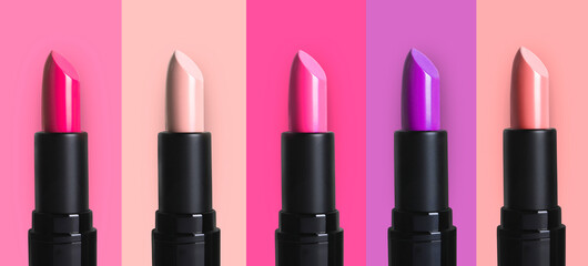 Set with beautiful lipsticks on different color backgrounds. Banner design