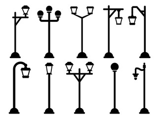 Streetlight streetlamp lamppost black silhouette. Vintage street lantern poles. Urban electric illumination pillars. Retro lamp post with gas or light bulbs. City Park square garden exterior lighting