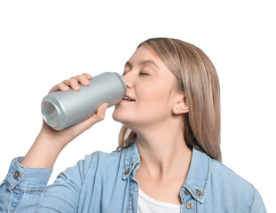 Beautiful woman drinking from beverage can on white background