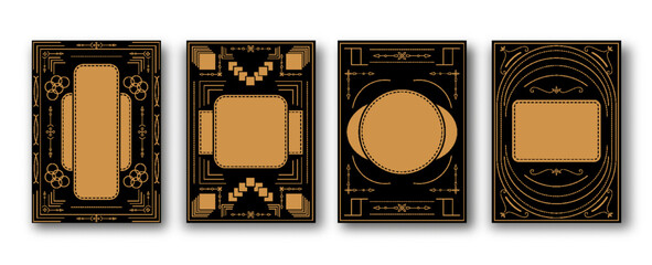 Vintage notebook cover set. Golden engraving pattern template with copy space for annual notepad, brochure, copybook, diary. Art deco graphic print for magazine covers, booklet journal cards