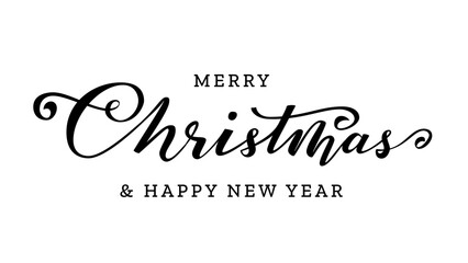 Merry Christmas ink pen calligraphy. Happy New Year hand drawn brush lettering isolated on white. Typography template for winter holiday greeting card, print overlay banner poster flyer Xmas postcard