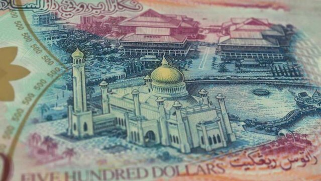 Brunei Brunei Dollar 500 Banknotes, Five Hundred Brunei Dollar, Close-up and macro view of the Brunei Dollar, Tracking and Dolly Shots 500 Brunei Dollar banknote Observe and Reserve Side, Brunei