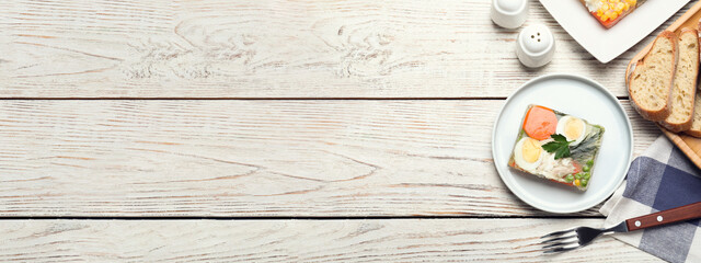 Delicious fish aspic served on white wooden table, flat lay with space for text. Banner design