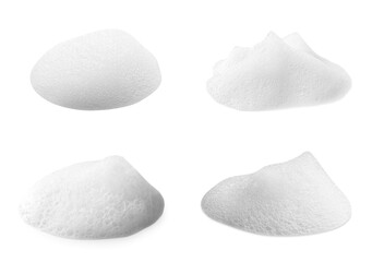 Set with drops of fluffy soap foam on white background