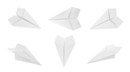 Set with handmade paper planes on white background. Banner design