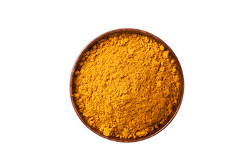 Top view of Turmeric powder in wooden bowl on white background.