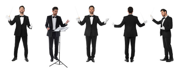 Collage with photos of professional young conductor with baton on white background. Banner design
