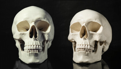 Two white human skulls on black background