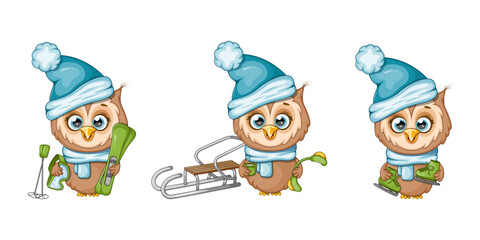 Set of cute winter owls