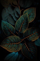 Fototapeta premium 3d rendered vertical illustration of green leaves with golden borders isolated on a black background