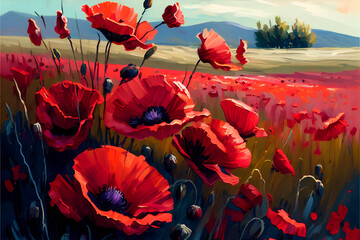 Fototapeta premium Oil painting of red tulips in a field during the day