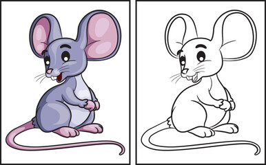 Coloring book cute mouse. Coloring page and colorful clipart character. Vector cartoon illustration.