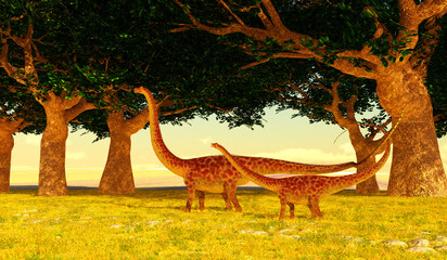 Diplodocus Dinosaur Garden - A female and a juvenile Diplodocus sauropod dinosaurs come across a grove of Cherry trees during the Jurassic Period of North America. © Catmando