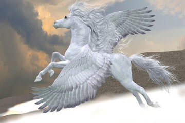 Pegasus at Sunset - Gorgeous white Pegasus flies through mountain mists and fog upwards toward the sky.
