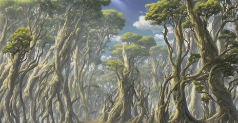 ねじれた大樹のファンタジー背景イラスト