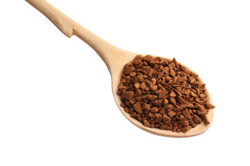 Wooden spoon with aromatic instant coffee isolated on white