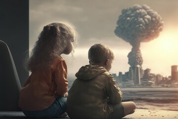 Children watching the explosion in a city