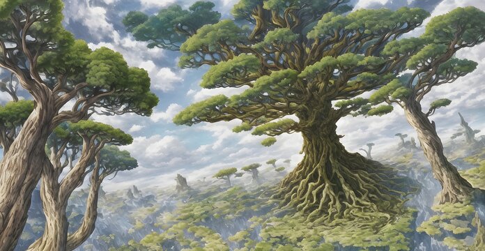 ねじれた大樹のファンタジー背景イラスト