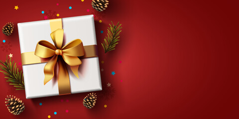 Present box top with golden bow, Christmas cones and branches. View from above. Vector illustration