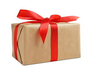 Christmas gift. Box wrapped in kraft paper on white background