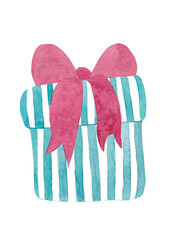 A Christmas gift. Watercolor isolated illustration of a striped gift box with a red bow. Perfect for your holiday decor