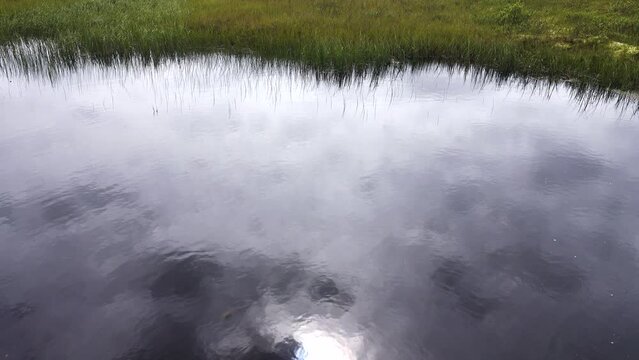 The misty sun is reflected in the cold water of the tundra, thermokarst round lake. thermokarst funnel with drain Arctic Summer. The Chukchi Peninsula. Siberia