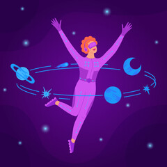 Space travel in Metaverse concept. Young woman in VR suit and VR glasses in the center of planets, comets, stars. Innovation network experience, AR gaming. Futuristic lifestyle. Vector illustration