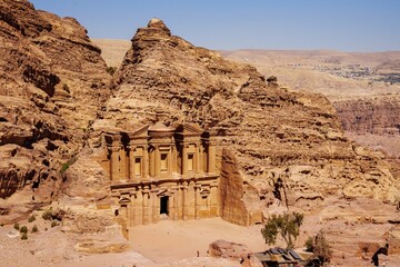 The ancient temple Al Khazneh, in the rocky mountain, in the ancient city of Petra in Jordan