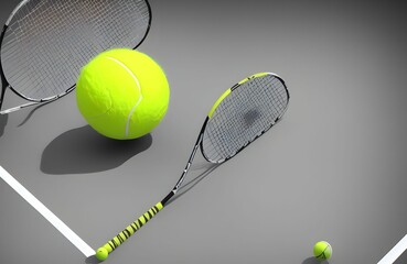 Illustration of tennis balls with rackets on a gray surface