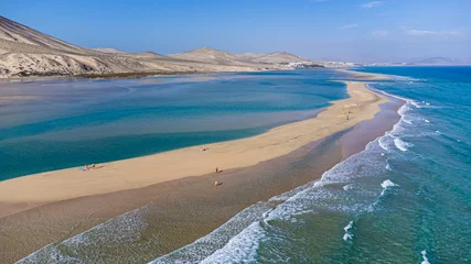 Washable Wallpaper Murals Sotavento Beach, Fuerteventura, Canary Islands Aerial view of the Sotavento beach in the south of Fuerteventura in the Canary Islands, Spain - Sand strip in the Atlantic Ocean among a desertic barren landscape
