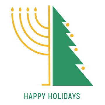 Happy Holidays card, Christmas tree, and Hanukkah candles, Menorah, illustration over a transparent background, PNG image