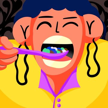 Portrait of a blue haired young woman with her eyes closed eating a spoonful of colorful food