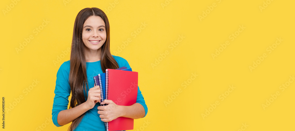 Poster happy teen girl wuth school notebook for making notes, study. banner of school girl student. schoolg