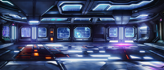 Obraz premium Artistic concept painting of a futuristic space station interior, background illustration.