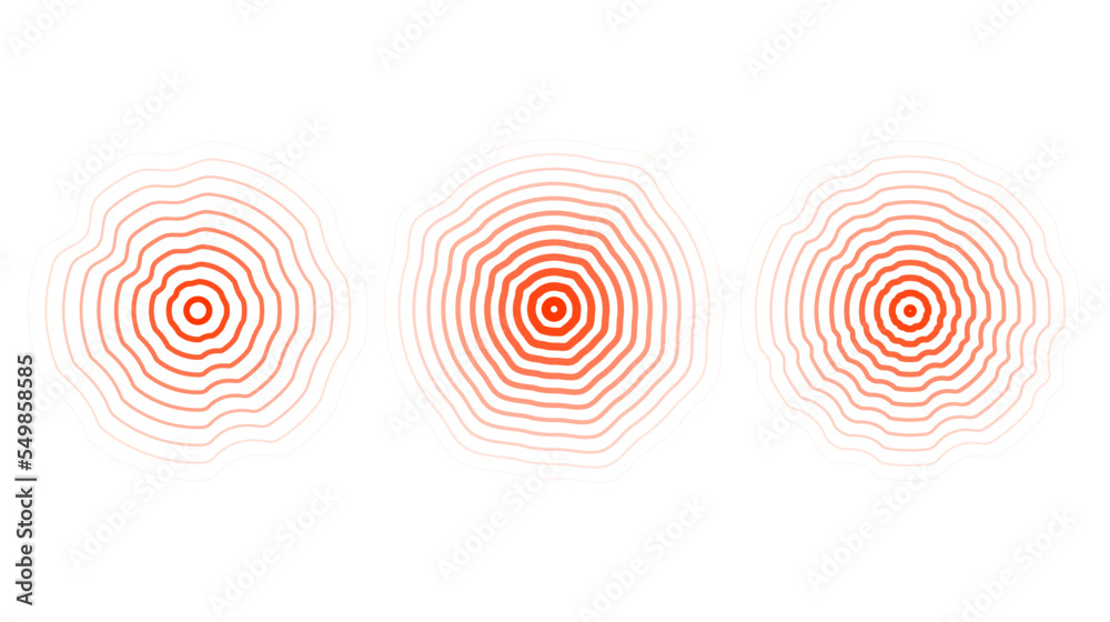 Poster Red concentric ripple circles set. Sonar or sound wave distorted rings collection. Epicentre, target, radar icon concept. Radial signal or vibration elements. 